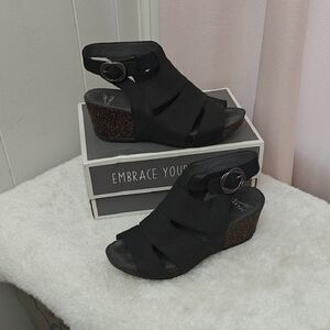 Dansko Black Wedge Sandals with Buckle